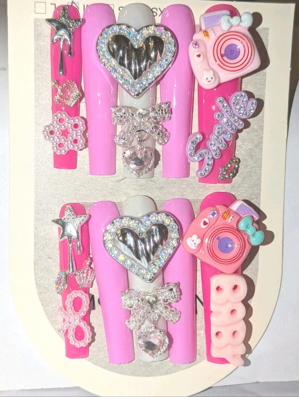 Hand Crafted Acrylic Pink Rhinestone Heart & Bow Decorative Press-On Nails Sz L